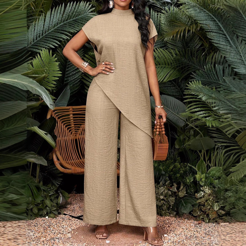 Women’s 2-Piece Set – Asymmetrical Hem Top & Wide-Leg Pants, Elegant & Flattering