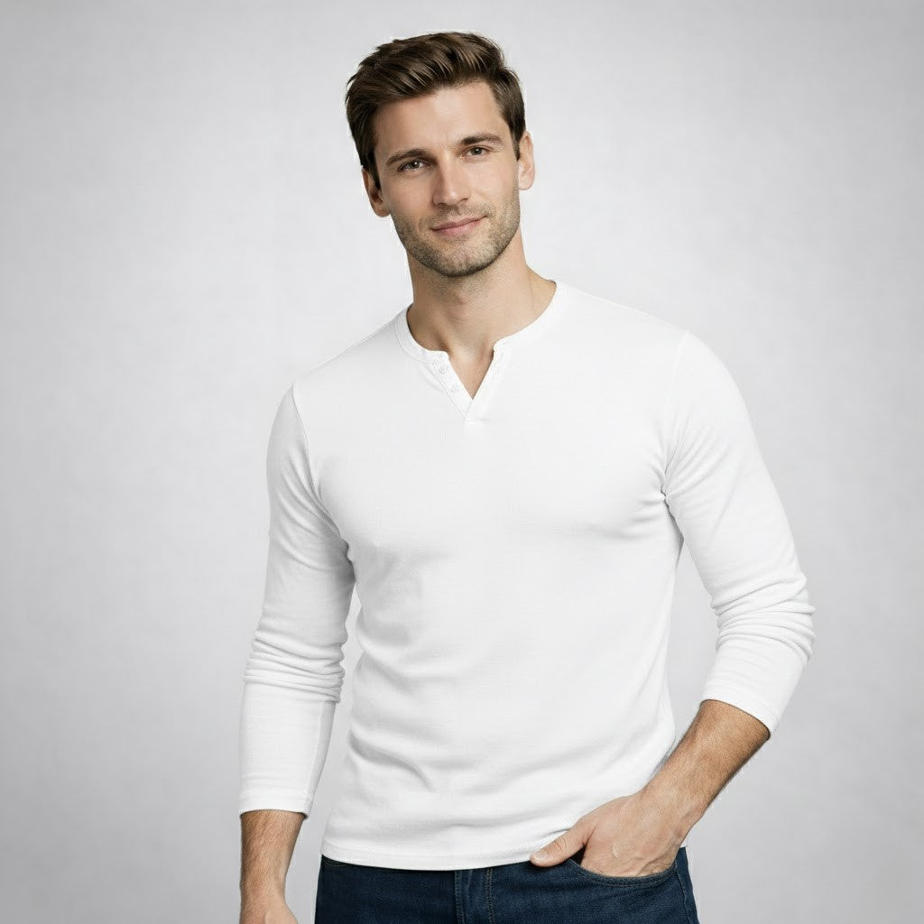 Men’s Henley Notch Neck Ribbed Long Sleeve Slim Fit T-Shirt