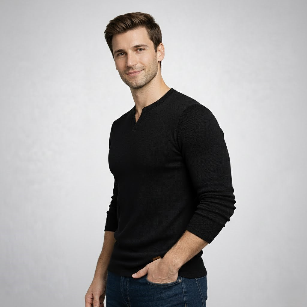 Men’s Henley Notch Neck Ribbed Long Sleeve Slim Fit T-Shirt